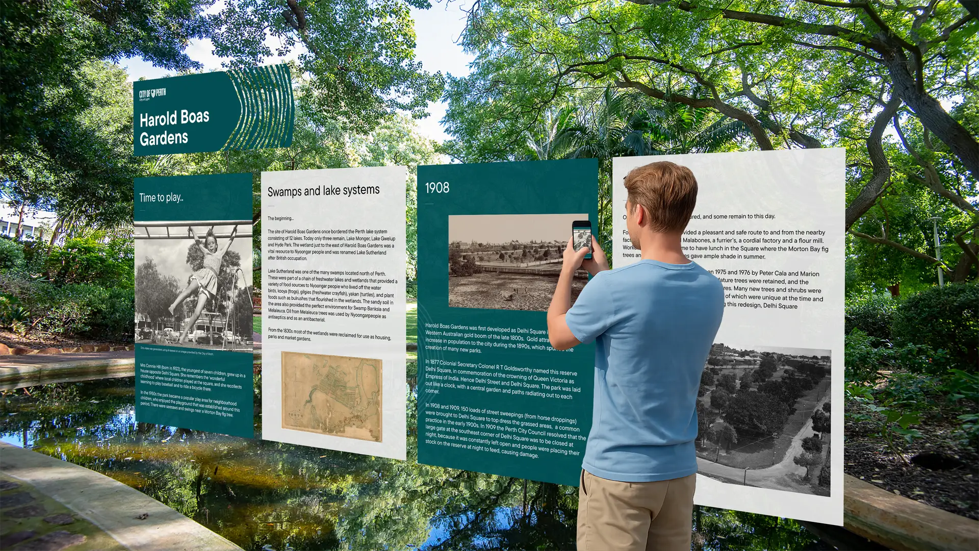 Visitor using a smartphone to view the Harold Boas Gardens AR experience, with multiple floating information panels displaying historical photographs and text about the park's history visible in the lush garden setting