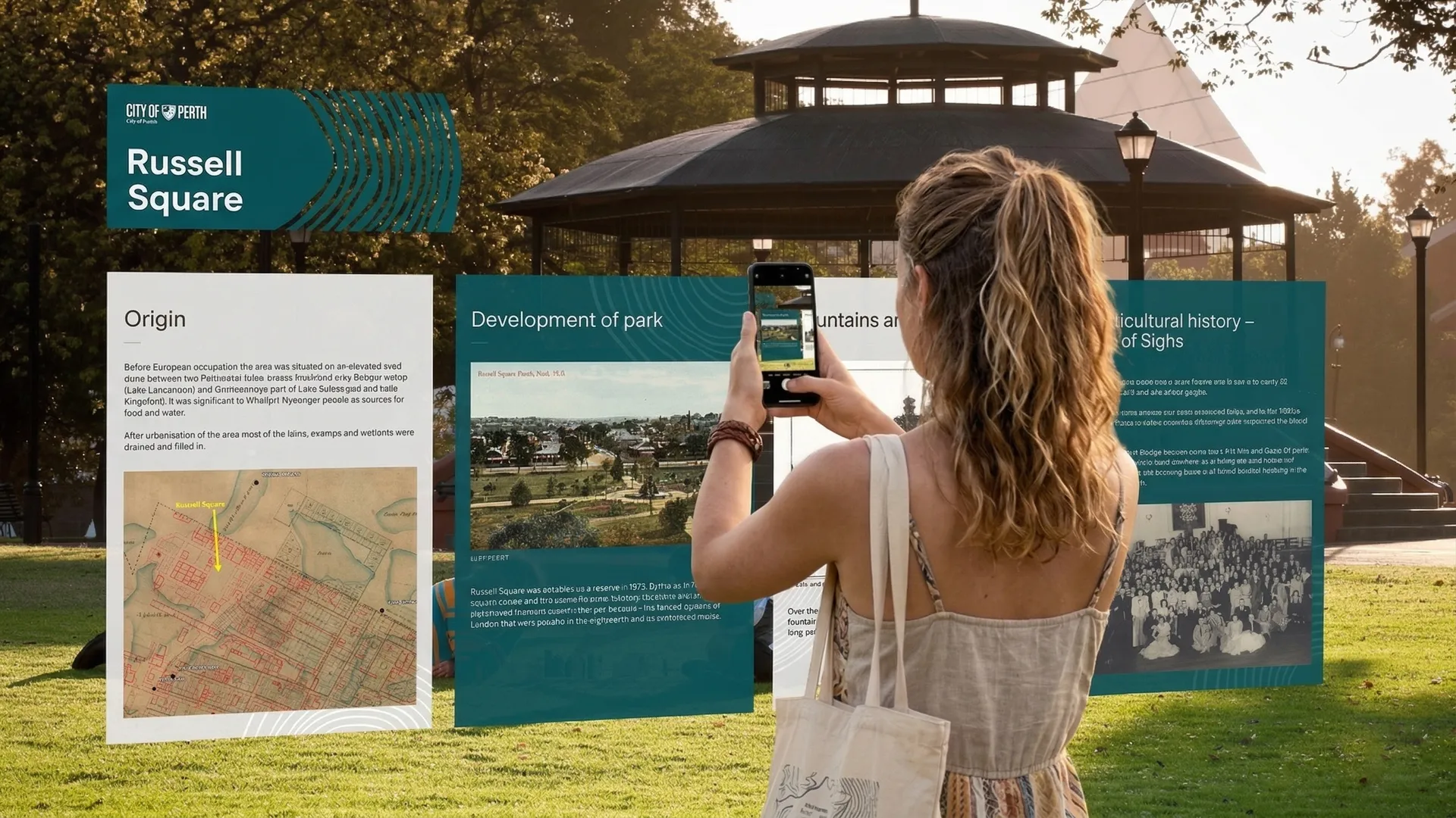 Visitor using a smartphone to view the Russell Square AR experience, with floating information panels showing historical maps and multicultural community photographs, with the park's heritage gazebo visible in the background