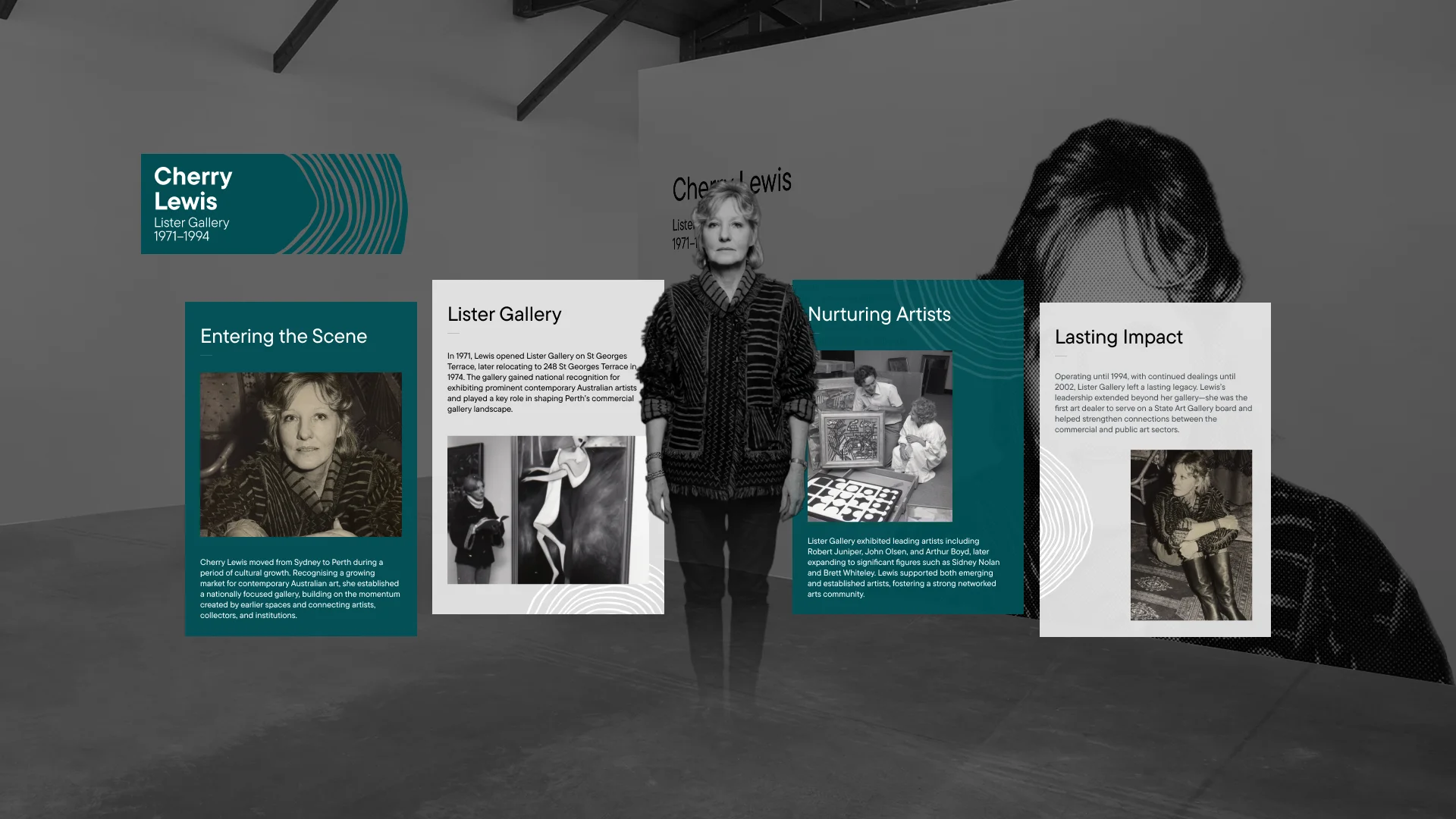 Cherry Lewis's chapter of the Pioneering Spaces AR experience, showing her life-size standing figure alongside AR panels on Lister Gallery, the artists she nurtured, and her lasting impact on Perth's commercial art scene